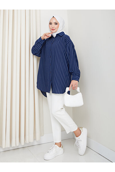 Kirazgym Vertical Striped Loose Shirt Navy Blue