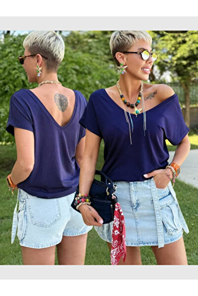 MODA Γυναικείο μπλουζάκι με κοντό μανίκι από βισκόζη με λαιμόκοψη σε σχήμα V στο μπροστινό μέρος και στο πίσω μέρος