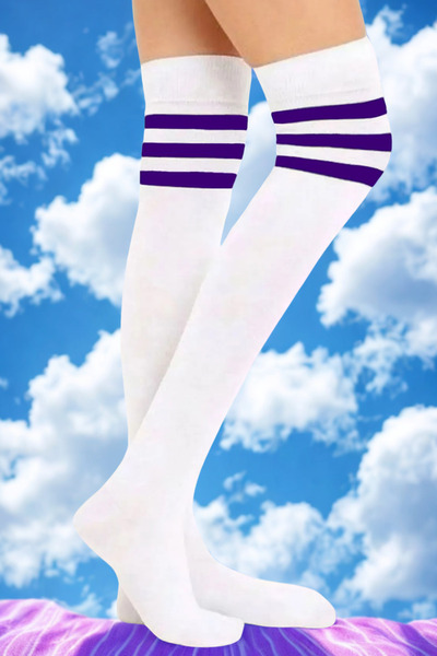 KARDEŞLER ÇORAP White Knee High Cotton Socks with Purple Stripes