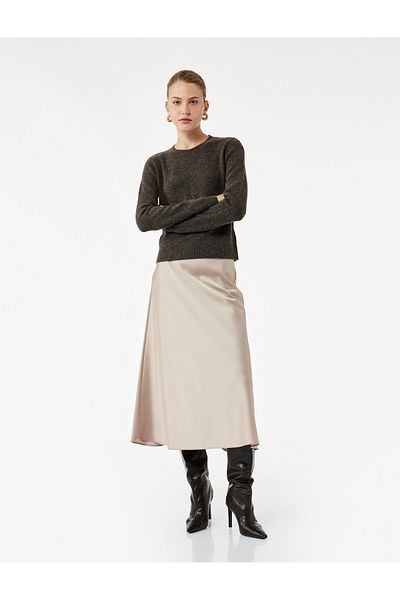 Koton Fish Cut Midi Satin Skirt with Elastic Waist
