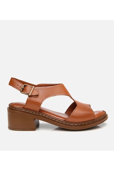 Hotiç Women's Leather Tan Belted Comfortable Heeled Sandals