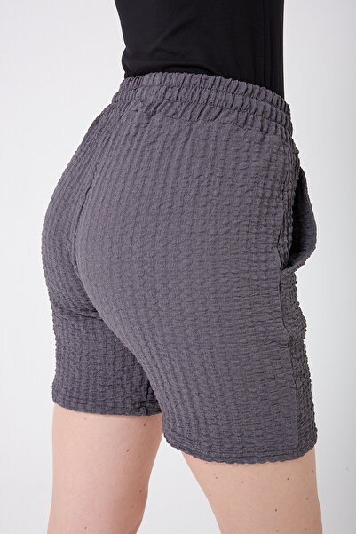 BANEGA Women's Elastic Waist Wrinkle Fabric Cotton Pocket Gray Shorts