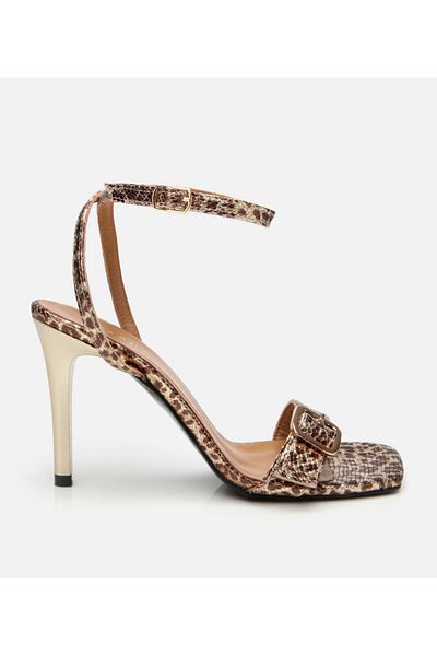 Hotiç Sandale cu toc cu curea din piele aurie cu model leopard