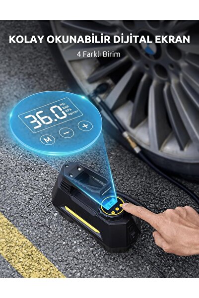 Enshall Çakmaklık Uyumlu Auhma Dijital Göstergeli Led Işıklı Taşınabilir Araç Lastik Şişirme Hava Kompresörü