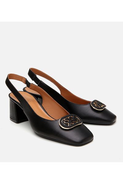 Hotiç Women's Leather Black Buckle Open Back Heeled Shoes