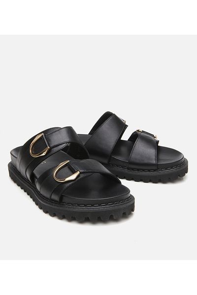 Hotiç Women's Leather Black Buckle Flat Slippers