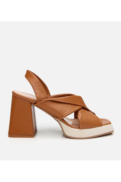 Hotiç Women's Leather Tan Thick Heeled Sandals