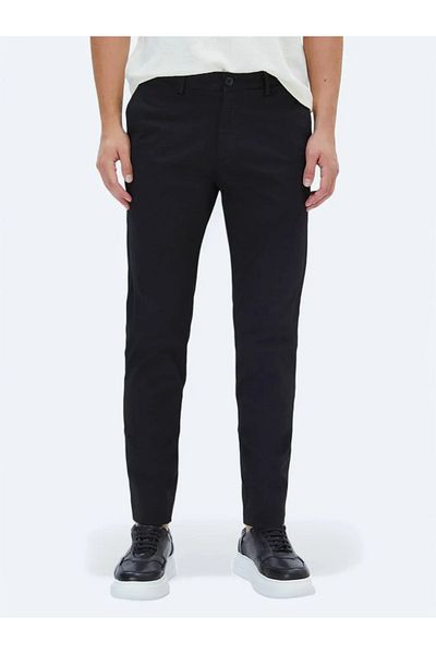 Kip Pantaloni casual din bumbac negru, țesute în amestec, cu croiala normală