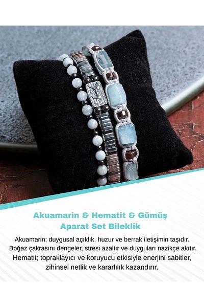 Saff Doğal Taş Certified Aquamarine & Hematite & Silver Apparatus Set Bracelet