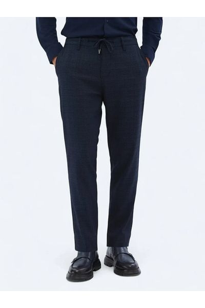 Kip Navy Blue Patterned Woven Jogging Fit Casual Trousers
