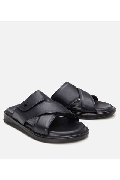 Hotiç Men's Leather Navy Blue Adjustable Slippers
