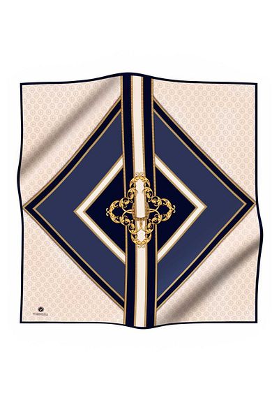 Vissona 100% Twill Silk Monogram και μπαρόκ μοτίβο Navy Blue - Indigo Color 90x90 Φουλάρι Σχήμα Φύτευσης: Κλωστοπαραγωγή