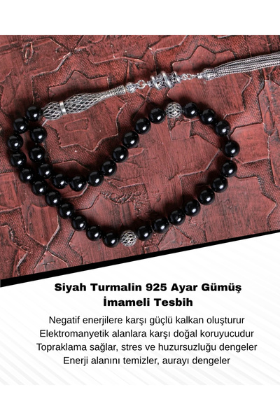 Saff Doğal Taş Siyah Turmalin 925 Ayar Gümüş İmame Püskül Tesbih
