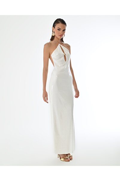 REVEA Payet sırtı açık askılı aksesuar detaylı uzun abiye elbise