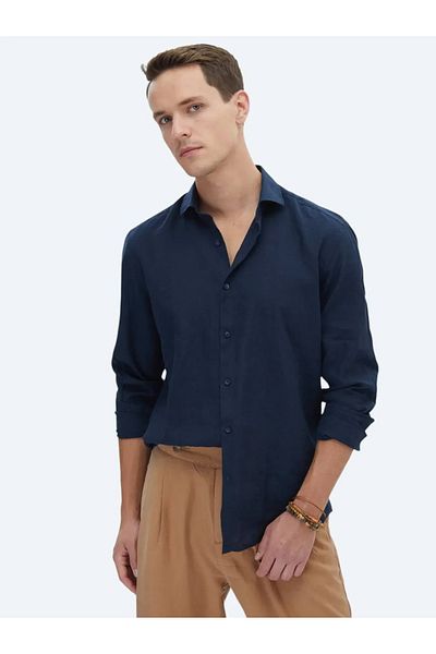 Kip Πουκάμισο με υφαντό casual βαμβακερό μείγμα Navy Blue Plain Regular Fit