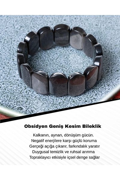 Saff Doğal Taş Obsidian Wide Cut Bracelet