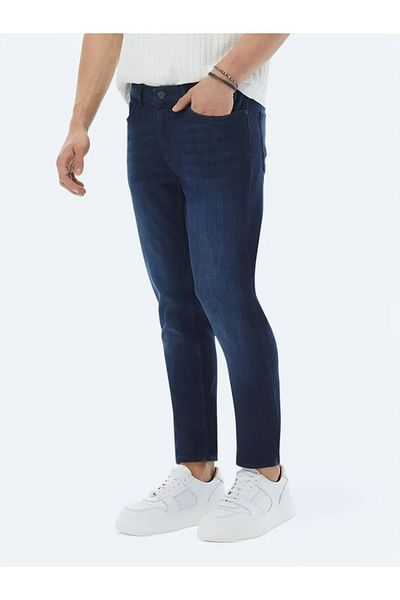 Kip Navy Blue Slim Fit Denim Cotton Blended Trousers