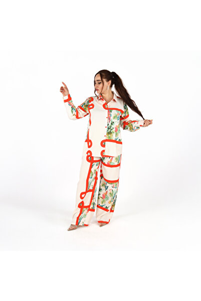 LINELLE طقم منسق - صندوق جرافيكي وقميص وبنطال مطبوعان بالورود مصنوعان من مزيج...