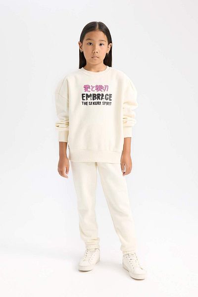 DeFacto Set de 2 piese pentru fete, hanorac imprimat, pantaloni de sport pentru jogger cu talie elastică D4869A824WN