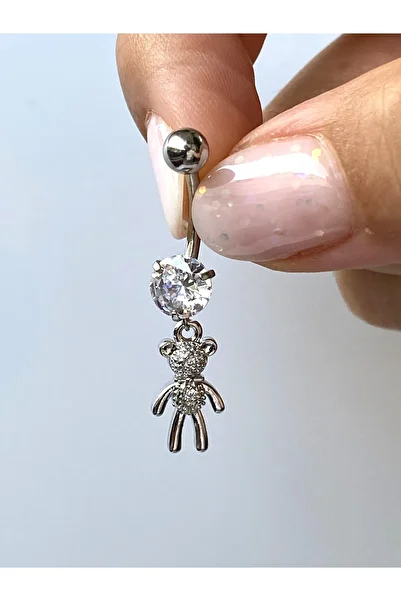 kurukafagift Steel Navel Piercing with Zircon Stone and Hanging Teddy Bear Figure