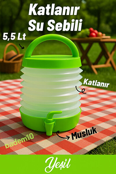 Badem10 Akordiyonlu Yeşil Su Sebili Meşrubat İçecek Kabı Bidonu Katlanabilir Musluklu Körüklü 5.5 Lt