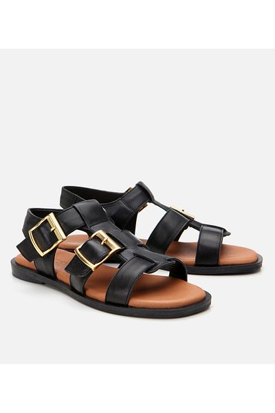Hotiç Women's Leather Black Belted Flat Sandals