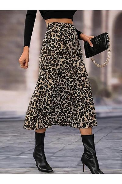 modamtn Women's High Waist Leopard Print Midi Crepe Skirt