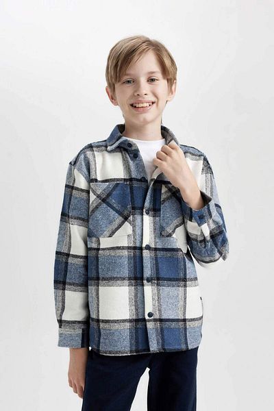DeFacto Boy's Oversize Wide Fit Polo Neck Flannel Long Sleeve Shirt D6687A824Wn