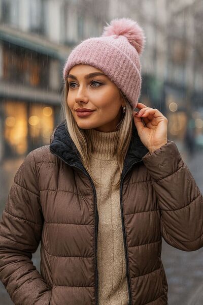 Axesoire 14705 Ponponlu Kırçıllı Pembe Bere