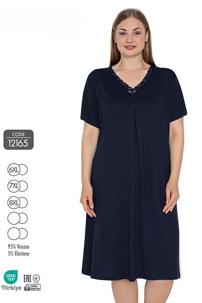 Cotpark Women's Large Size Viscose Fabric Lace Detailed Short Sleeve Navy Blue Nightgown 12165