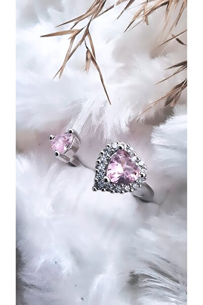 Serenity شكل قلب مزدوج خاتم من الفولاذ بحجر الزركون الوردي