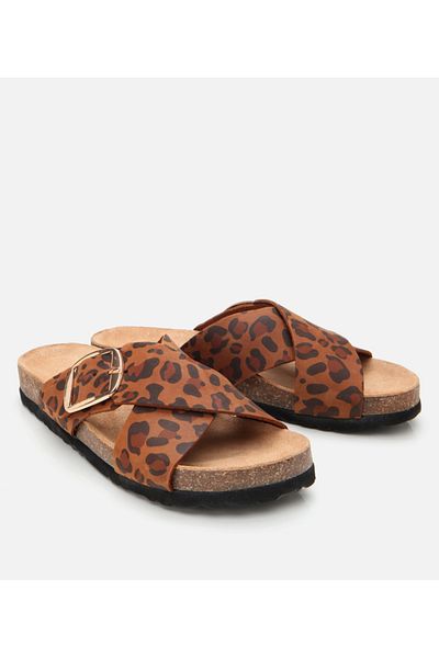 Hotiç Papuci de damă din piele maro cu curea cu model leopard
