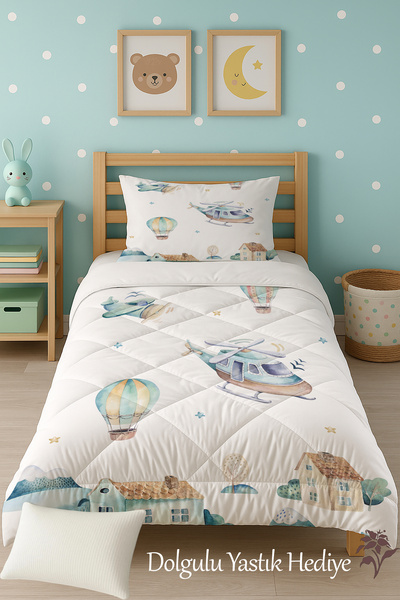 Talia Home Airplane Helicopter Patterned Single Children's Quilt Sleeping Set Tlag-326