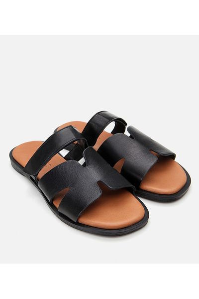 Hotiç Women's Leather Black Adjustable Flat Slippers