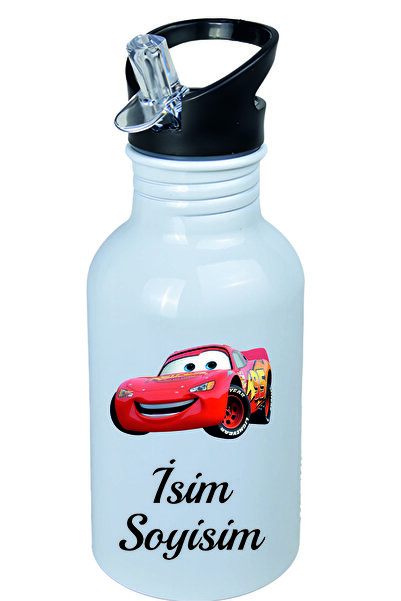 Kreax Şimşek McQueen Temalı Kopçalı Pipetli Matara-Suluk Kişiye Özel