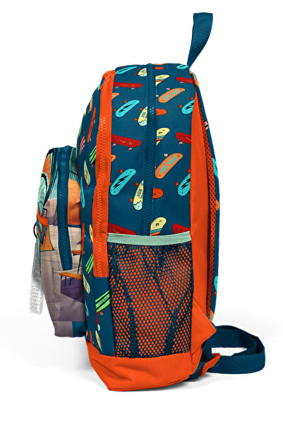 Coral High Kids Çivit Neon Turuncu Kaykay Desenli Dört Bölmeli Okul Sırt Çantası 23723