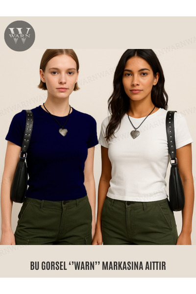 warn Kadın 2'li Lacivert-beyaz Bisiklet Yaka Likralı Kısa Kol Body Crop T-shirt