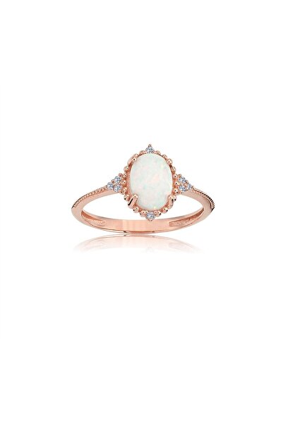FasekGold Beyaz Oval Taşlı Prenses Gümüş Yüzük-Opal Taşlı Prenses Tasarım Yüz...