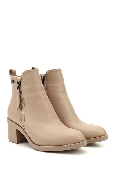 GÖNDERİ(R) Nudefarbene Damenstiefel/Mädchen mit doppeltem Reißverschluss und dickem Absatz