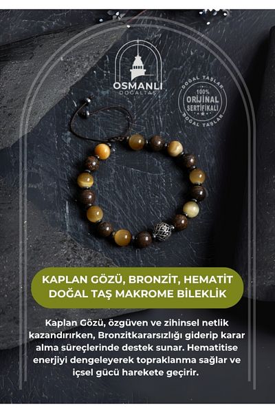 OSMANLI DOĞAL TAŞ Certified Tiger Eye, Bronzite, Hematite Natural Stone Macrame Bracelet