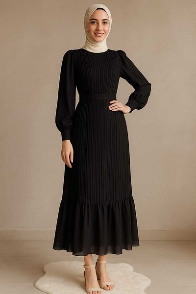 CYM Butik Pleated Black Chiffon Hijab Dress