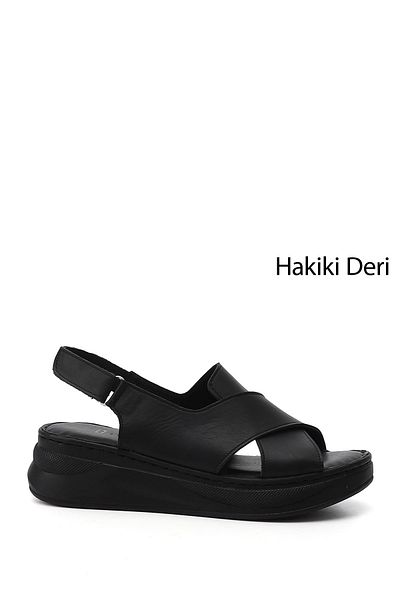 GÖNDERİ(R) Sandale confortabile din piele naturală cu toc cu pană cu velcro negru pentru femei/fete