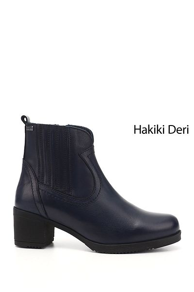 GÖNDERİ(R) حذاء نسائي/بنات باللون الأزرق الداكن بسحاب عتيق وكعب سميك من الجلد الطبيعي