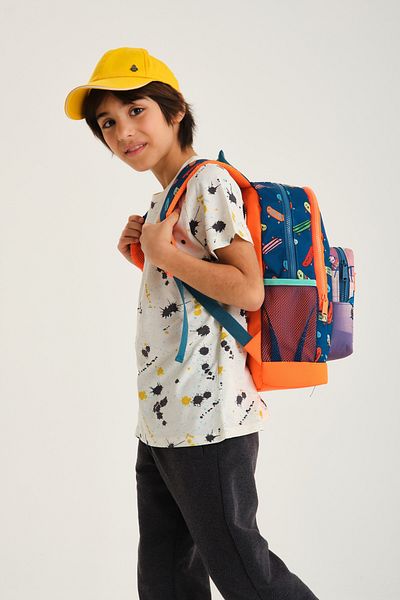 Coral High Kids Indigo Neon Orange Skateboard Patterned Four Compartment School Backpack 23723