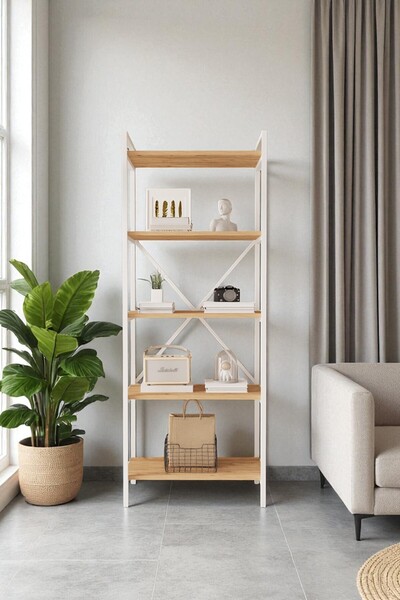 Mobitopya Nilamu Çam 65 Cm Kitaplık , Metal Aksamlı, Organizer, Ofis, Ev, 65*170*34 Cm