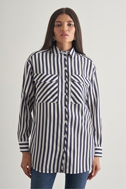 Mizalle Modal Dokulu Lacivert Çizgili Cepli Gömlek
