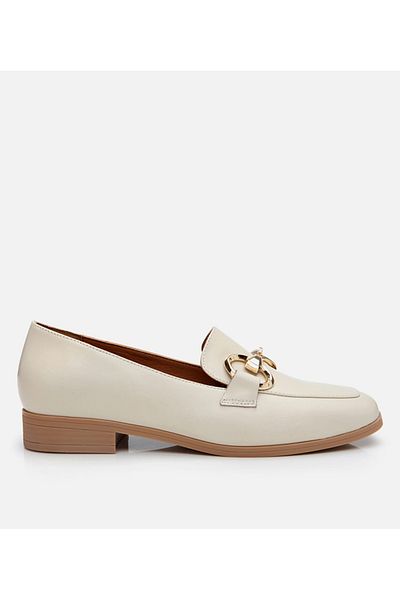Hotiç Genuine Leather Ecru Women's Buckle Loafer