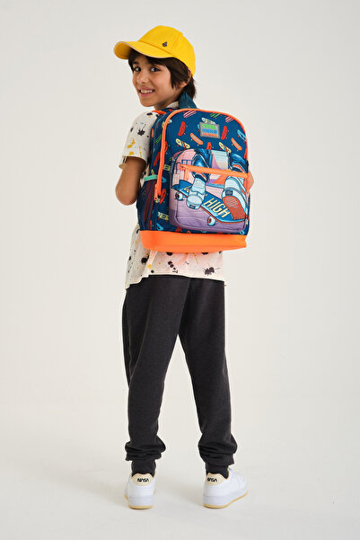 Coral High Kids Çivit Neon Turuncu Kaykay Desenli Dört Bölmeli Okul Sırt Çantası 23723