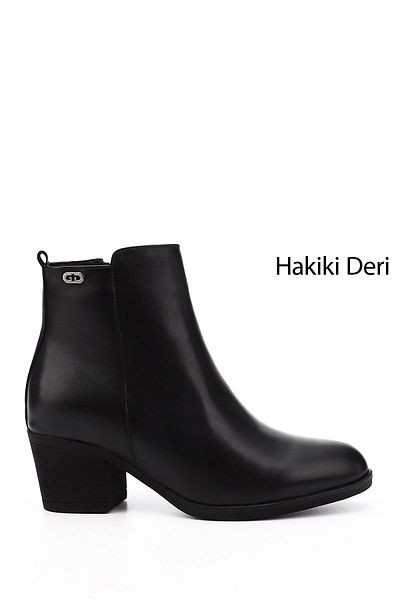 GÖNDERİ(R) حذاء نسائي أسود بسحاب وكعب سميك من الجلد الطبيعي