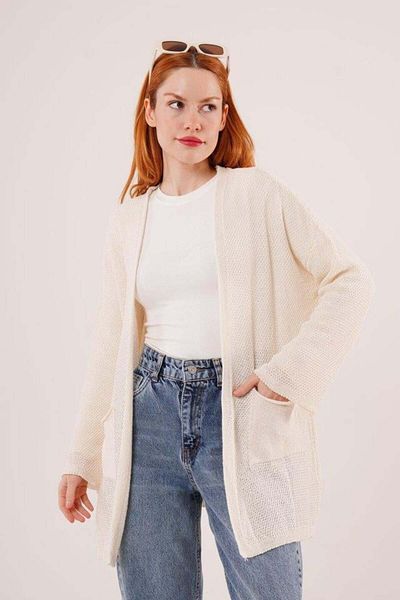modamtn Loose Model Knitwear Long Cream Cardigan with Pockets